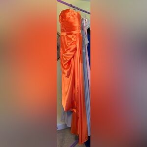 Orange Satin Gown Evening Formal Thigh High Slit Pleated Top Corset Ties